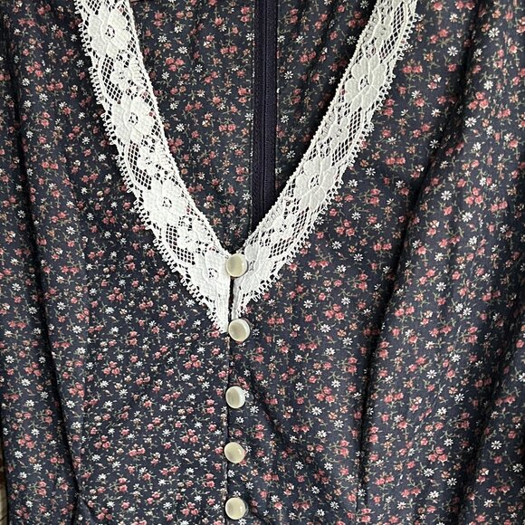 Vintage 70s Puff Sleeve Midi Dress Cottagecore Prairie Floral Print Lace Western - Picture 6 of 7
